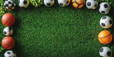 Collection of various sports balls arranged on a green grass surface, perfect for recreational activities and games photo