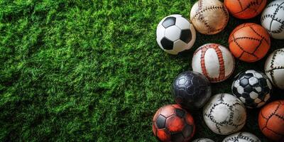 Various types of sports balls scattered on artificial grass at a recreational area during daylight photo
