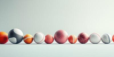 Collection of various sports balls arranged in a line on a minimalist background with soft lighting photo