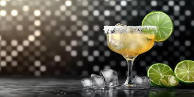 Refreshing cocktail served in a salted rim glass with lime garnishes and ice on a sparkling background photo