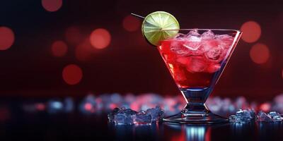 Vibrant cocktail garnished with lime served on reflective surface against bokeh background photo
