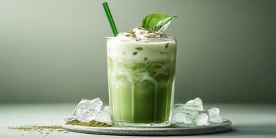 Creamy matcha green tea drink with ice and fresh herbs served on a marble coasters photo