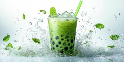 Refreshing green bubble tea splashes in vibrant water with mint leaves photo