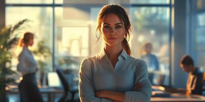Confident business professional standing in modern office during late afternoon photo