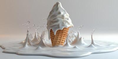 Creamy ice cream cone splashes into milk with dynamic water droplets across a white backdrop photo