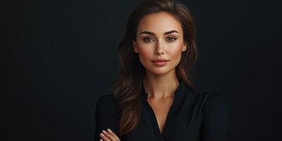 Confident woman poses against dark background showcasing poise and grace in a studio setting during evening hours photo