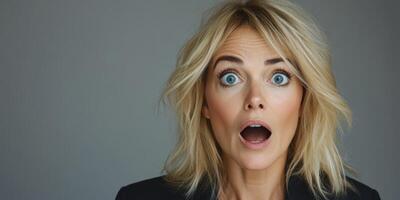 Surprised woman expresses astonishment in a close-up portrait captured indoors during daylight hours photo