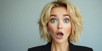 Surprised woman with blonde hair expresses amazement against a neutral background photo