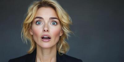 Surprised woman with blonde hair expressing astonishment in a neutral backdrop during a candid moment photo