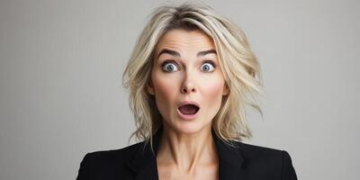 Woman displays surprise and astonishment with wide eyes and open mouth against a neutral background during a spontaneous moment photo