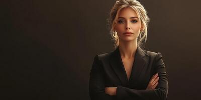 Woman in a formal outfit poses confidently against a dark background during a professional photoshoot photo