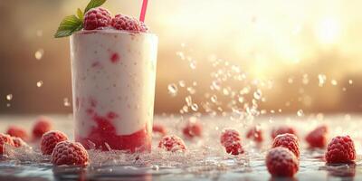 Refreshing raspberry smoothie garnished with fresh berries at sunset by the beach photo