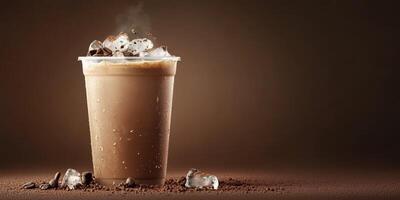 Creamy iced coffee beverage garnished with whipped cream and cocoa on a dark background photo