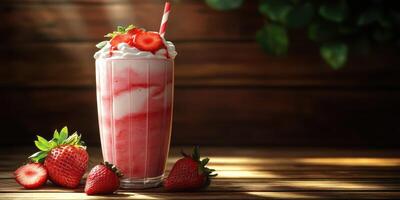 Refreshing strawberry milkshake served with fresh strawberries in a cozy setting photo