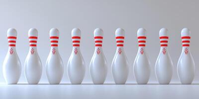 Bowling pins arranged in a straight line on a smooth surface ready for play in a recreational setting photo