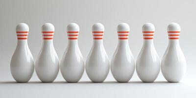 Seven bowling pins arranged in a row on a smooth surface, ready for the next roll during a fun game at a bowling alley photo