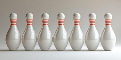Bowling pins lined up before a game in a modern bowling alley with bright lighting and a minimalist design photo