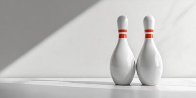 Bowling pins stand together on a bright surface in a well-lit indoor area showcasing leisure and fun activities photo