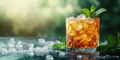 Refreshing cocktail served with fresh mint leaves on a tabletop surrounded by ice cubes and green natural background photo