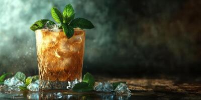 Refreshing cocktail with mint leaves and ice served in a glass on a rustic surface during the evening photo