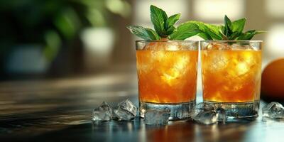 Refreshing cocktails with mint leaves served on a wooden table during a sunny afternoon gathering photo
