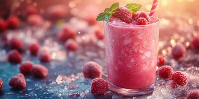 Refreshing raspberry smoothie served in a glass surrounded by fresh berries and ice in a warm setting photo