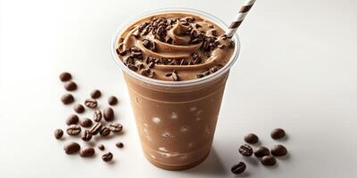 Delicious iced coffee with whipped cream and chocolate drizzle in a clear cup against a light background photo