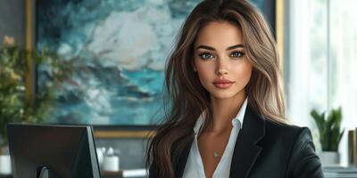 Business professional poses confidently in modern office environment with abstract artwork in background photo