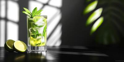 Refreshing mojito cocktail with lime and mint leaves in bright sunlight photo