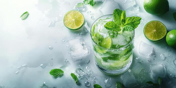 Refreshing mojito cocktail served with fresh mint and lime on a chilled surface with ice photo