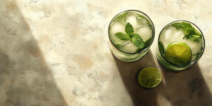 Refreshing mint lime cocktails served over ice in a bright, elegant setting during warm afternoon light photo