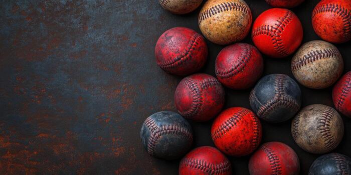 Unique collection of baseballs in various colors and textures on dark surface captured during daytime photo