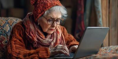Senior woman using a laptop by the window in a cozy room during the afternoon photo