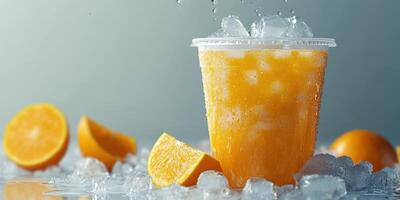 Refreshing orange drink served in a clear cup surrounded by ice and fresh orange slices on a calm day photo