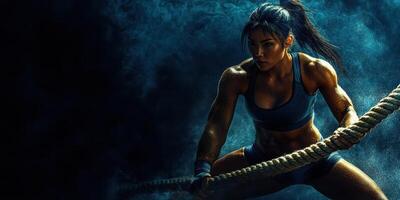 Strong woman training intensely with ropes in a dark, dynamic gym environment, showcasing power and determination photo