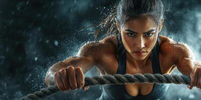 Strong female athlete intensely trains with battle ropes in a dramatic fitness setting photo