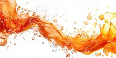 Bright orange liquid flows dynamically with bubbles in a clear background captured in a creative abstract design photo