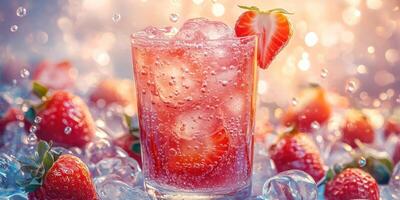 Refreshing sparkling drink with strawberries and ice on a warm sunny day photo