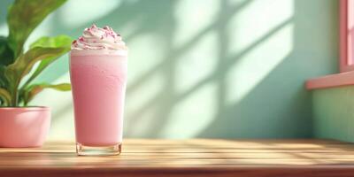 Refreshing pink milkshake served in a cozy cafe with sunlight streaming through the window in the afternoon photo