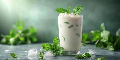Refreshing mint yogurt drink served with ice and garnished with fresh mint leaves on a green background photo