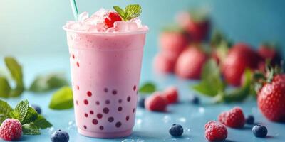Refreshing berry smoothie served in a clear cup with ice, surrounded by fresh fruits on a vibrant blue background photo