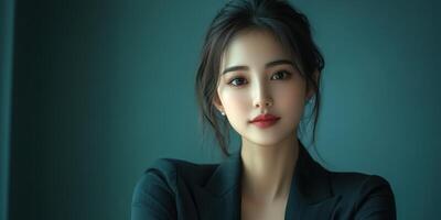 Young woman in elegant attire poses confidently in a stylish, modern setting with a serene expression and soft lighting photo