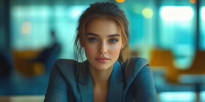 Confident young woman in a modern office setting during the day, exuding professionalism and poise photo