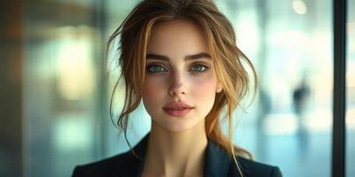 Portrait of a woman with striking blue eyes in a modern interior setting during daylight hours photo