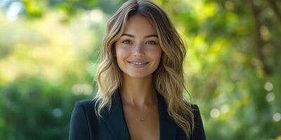 Smiling woman standing amid lush greenery during a sunny day in an outdoor setting photo