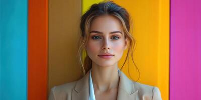 Young woman poses against vibrant colored backdrop with warm natural light highlighting her features photo