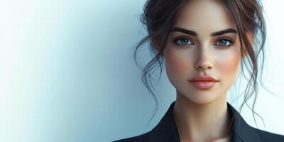 Portrait of a young woman with an elegant hairstyle and subtle makeup in a minimalistic setting showcasing natural beauty photo