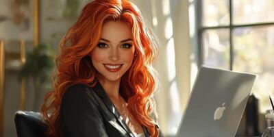 Young woman with long red hair smiling while working at a modern desk in a bright office setting photo