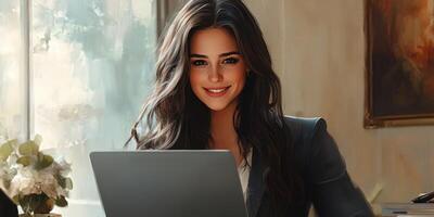 Young woman working on laptop in a cozy workspace with natural light during the day photo