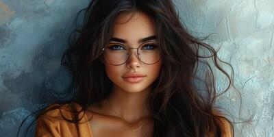 Young woman with long dark hair and glasses poses against a textured background in a stylish setting photo